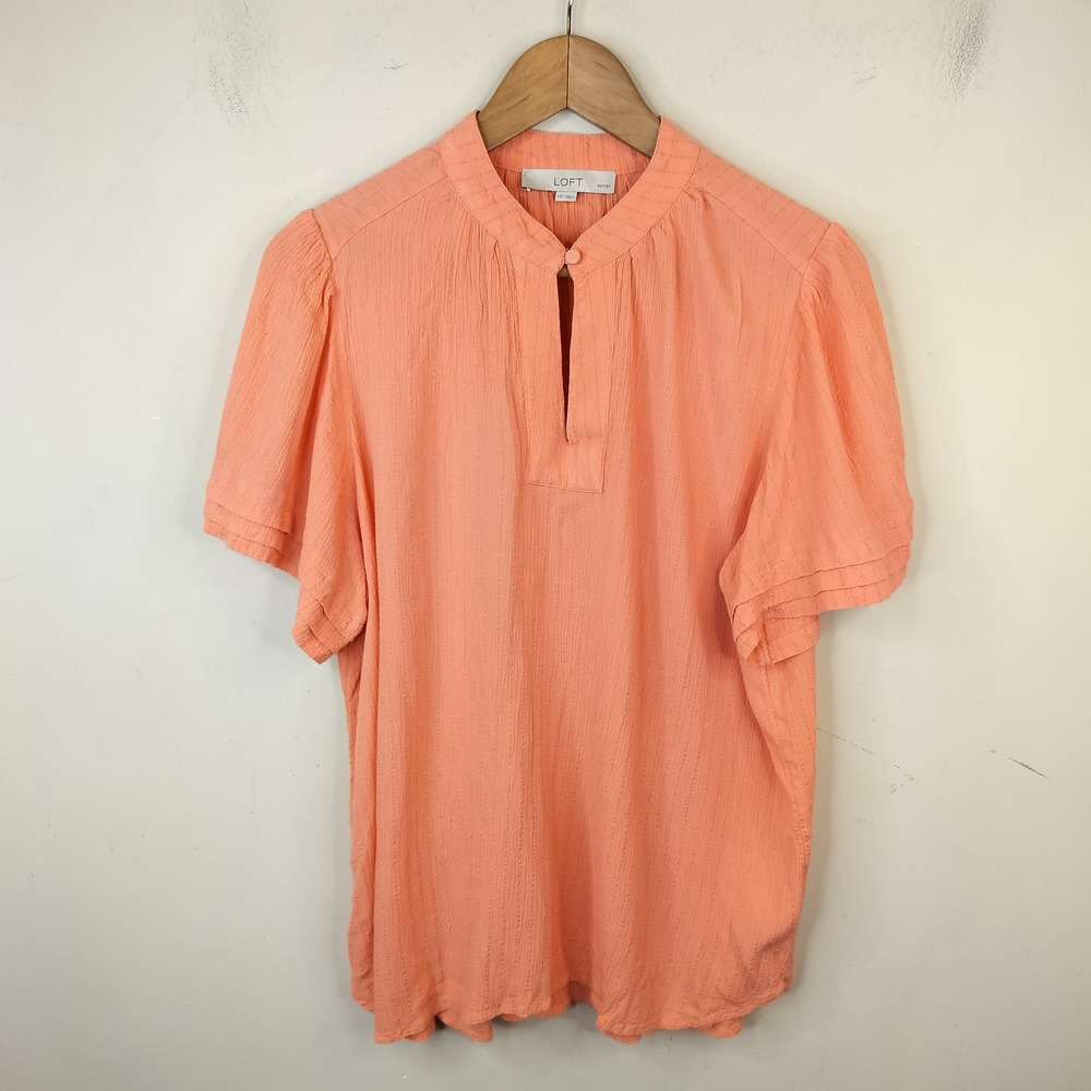 LOFT Short Sleeve Top Petite Large Textured Peach Orange Viscose Keyhole Neck